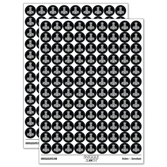 Mjolnir Symbol Norse Viking Hammer of Thor 200+ Round Stickers - Black - Gloss Finish - 0.50" Size