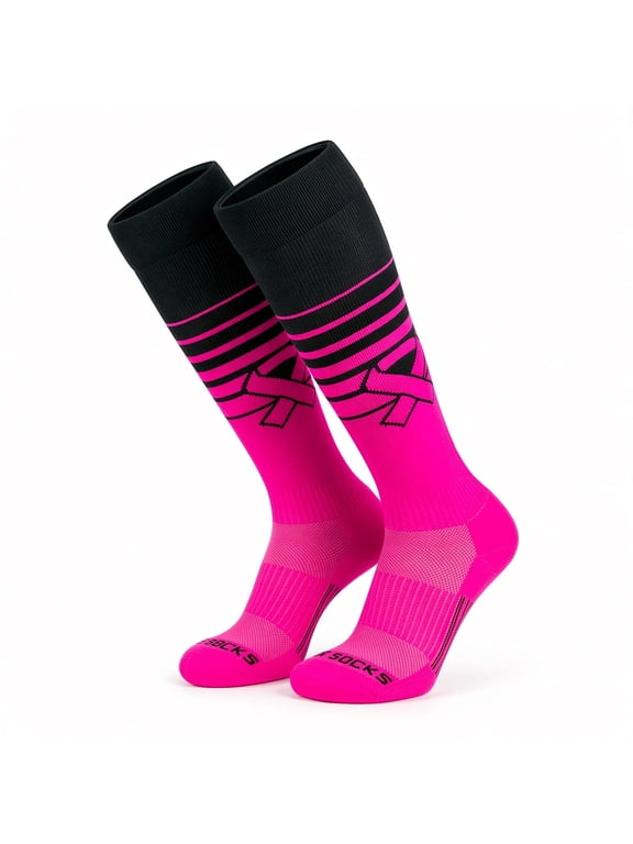 Breast Cancer Awareness Knee High Athletic Socks Black Hot Pink Made in USA (M)