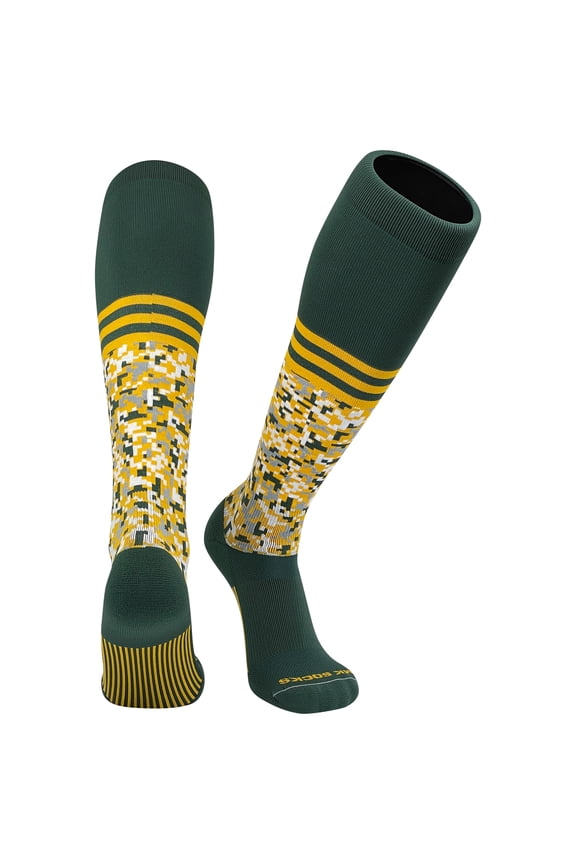 Digital Camo Stripe Green Gold Knee-High Long Sports Socks (L)
