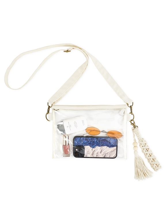 Clear Bag Stadium Approved, Small Purse for Women with Macrame Wristlet Transparent Concert Crossbody Bag