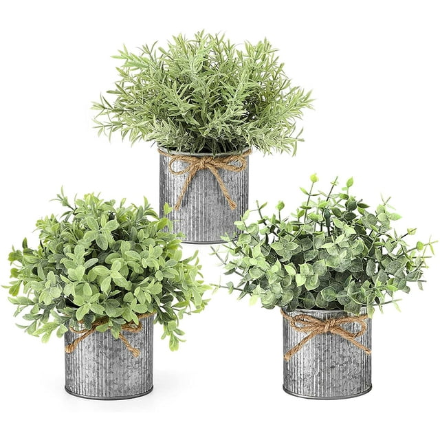 Mkono Set of 3 Artificial Plants in Rustic Metal Pots, Faux Greenery