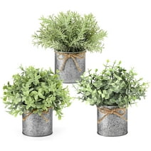 Mkono Fake Plants in Farmhouse Metal Pots Artificial Plants Table Centerpiece Home Decor, Set of 3