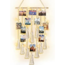 Mkono Hanging Photo Display Boho Macrame Wall Decor with Light, Teen Girl Teenage Gifts, Pictures Cards Frame Holder Art Hanger for Christmas Birthday Party Bedroom Dorm, with 30 Wood Clips, Ivory