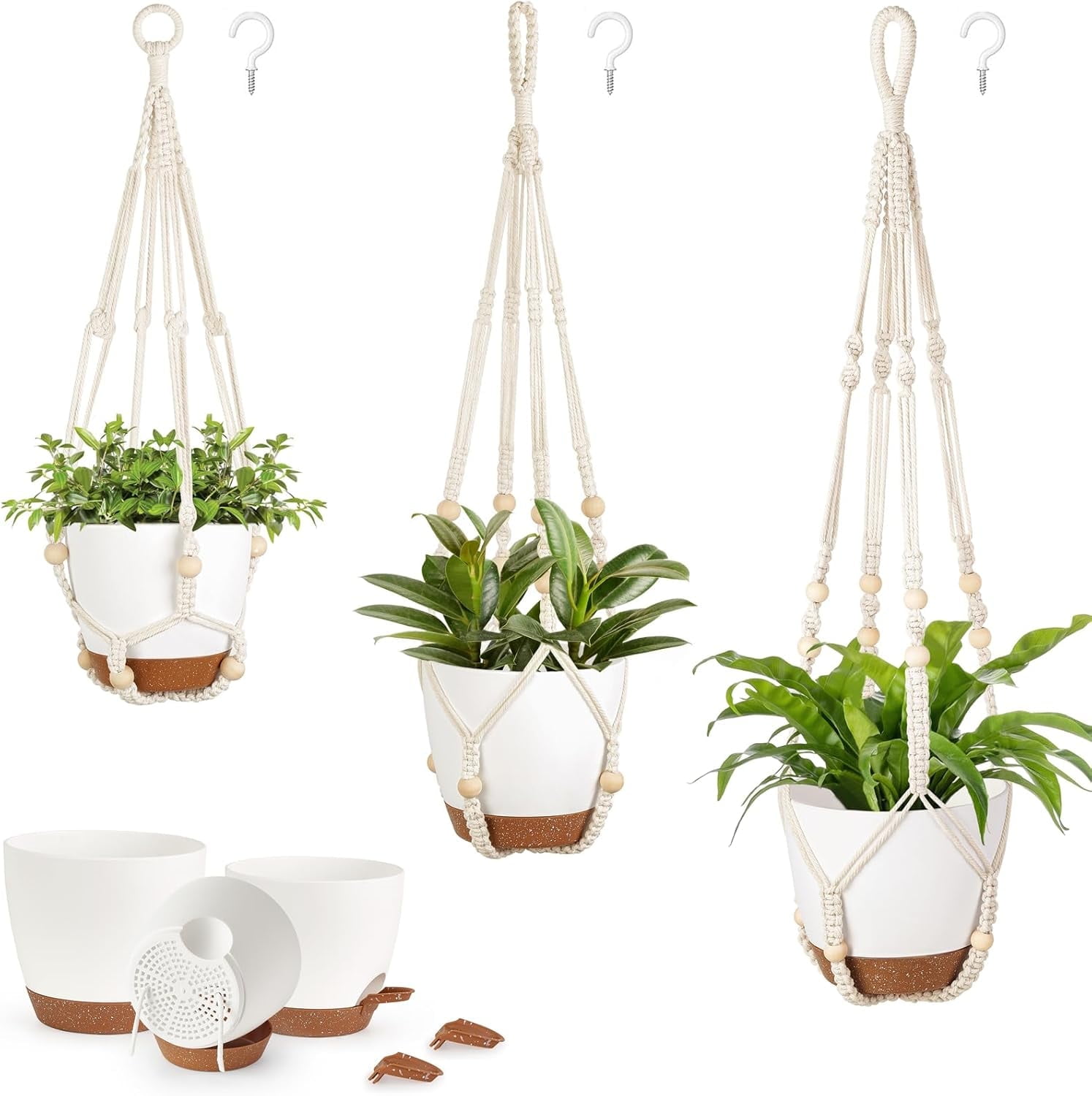 Mkono Hanging Planters, Macrame Plant Hangers with Self Watering Plant Pots with Hooks No Tassels 3 Different Size