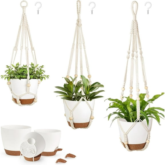 Mkono Hanging Planters, Macrame Plant Hangers with Self Watering Plant Pots with Hooks No Tassels 3 Different Size