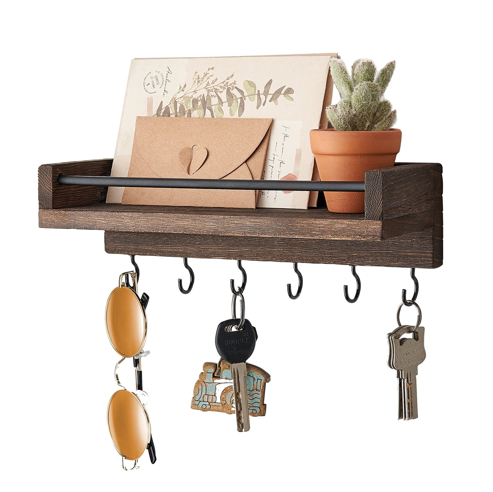 Mkono Wooden Decorative Shelves Key Holder with Small Floating Shelf and 6 Hooks Walmart