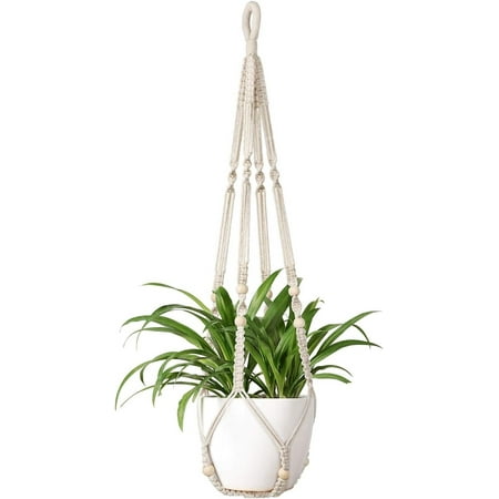 Mkono Macrame Plant Hanger Indoor Hanging Planter Basket with Wood Beads Decorative Flower Pot Holder No Tassels 35 Inch, Ivory, Set of 1 (POTS NOT Included)