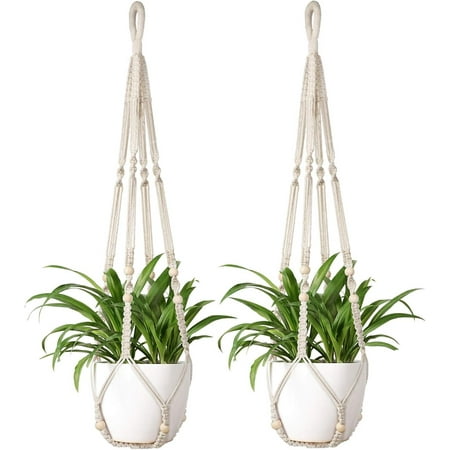 Mkono Macrame Plant Hanger Indoor Hanging Planter Basket with Wood Beads Decorative Flower Pot Holder No Tassels 35 Inch, Ivory, Set of 2 (POTS NOT Included)
