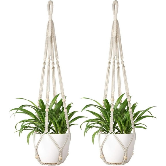 Mkono Macrame Plant Hanger Indoor Hanging Planter Basket with Wood Beads Decorative Flower Pot Holder No Tassels 35 Inch, Ivory, Set of 2 (POTS NOT Included)