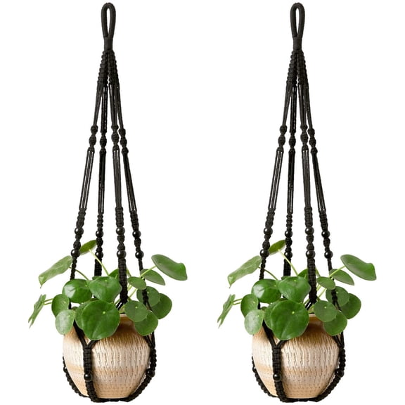 Mkono Macrame Plant Hanger Indoor Hanging Planter Basket with Wood Beads Decorative Flower Pot Holder No Tassels for Indoor Outdoor Boho Home Decor 35 Inch, Black, Set of 2 (POTS NOT Included)
