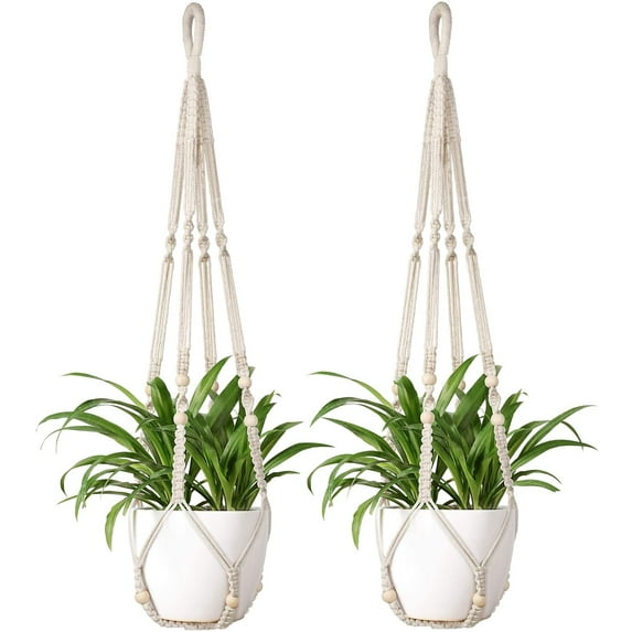 Mkono Macrame Plant Hanger Indoor Hanging Planter Basket with Wood Beads Decorative Flower Pot Holder No Tassels for Indoor Outdoor Boho Home Decor 35 Inch, Ivory, Set of 2 (POTS NOT Included)