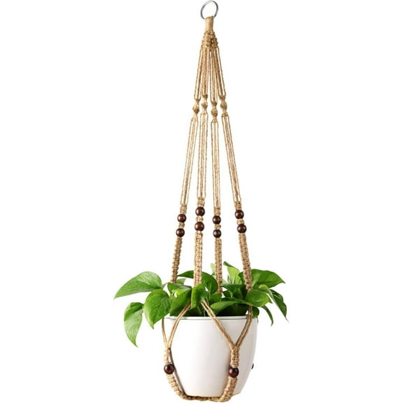 Mkono Macrame Plant Hanger Indoor Jute Hanging Planter Basket with Wood Beads Decorative Flower Pot Holder No Tassels 35 Inch, Brown, Set of 1 (POTS NOT Included)