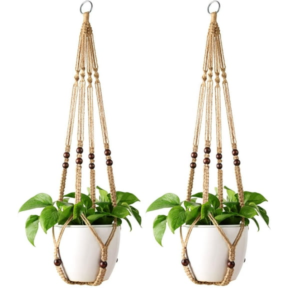 Mkono Macrame Plant Hanger Indoor Jute Hanging Planter Basket with Wood Beads Decorative Flower Pot Holder No Tassels for Indoor Outdoor Boho Home Decor 35 Inch, Brown, Set of 2 (POTS NOT Included)