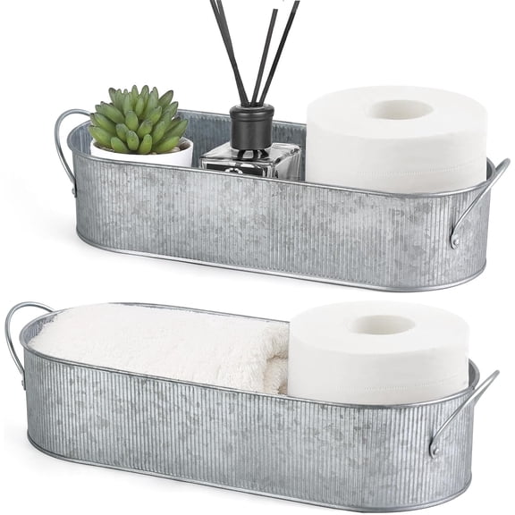 Mkono Metal Storage Basket for Toilet Tank Top Bathroom Decor, Galvanized Tray with Handle Shelves, Farmhouse Paper Holder Organizing Bin Box Countertop Living Room, Set of 2, Silver