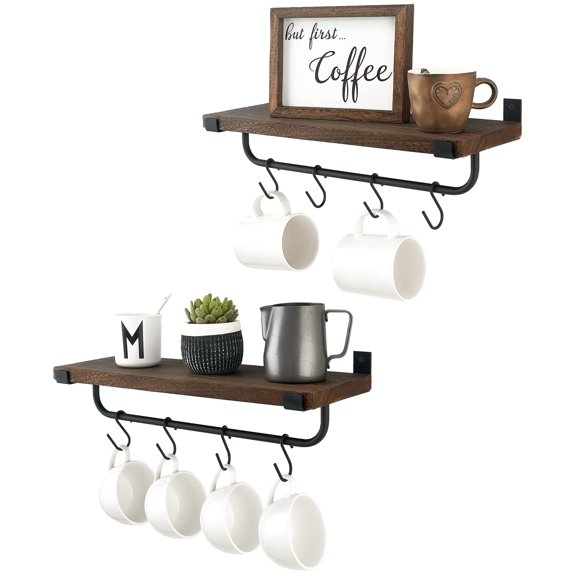 Mkono Mug Holder Wall Mounted Coffee Mug Rack Set of 2 Rustic Floating Shelf for Coffee Bar Accessories Wood Tea Cup Hooks Hanger for Organizing Cooking Utensils, Home Kitchen Decor, Brown A101