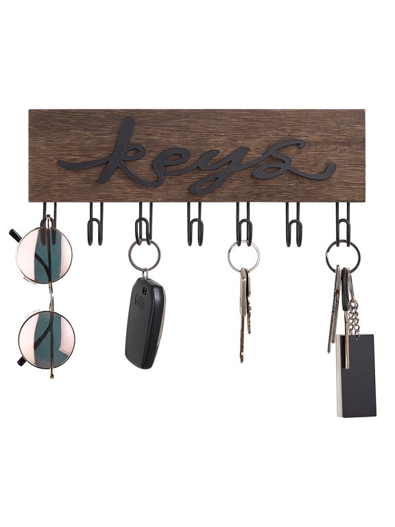 Mkono Multi Use 7 Wall Key Holder Hooks, Paulownia Wood Board Metal