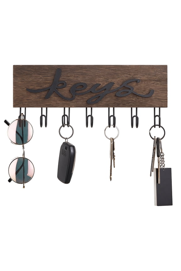 Mkono Multi Use 7 Wall Key Holder Hooks, Paulownia Wood Board Metal