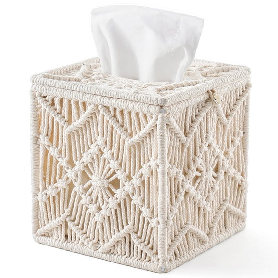 Vophios Tissue Box Cover Boho Decor Square Paper Tissue Holder, Off White