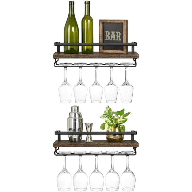 Mkono Wall Wine Rack Set of 2 Wood Rustic Wine Bottle Glass Shelves with Stemware Hanger, 17