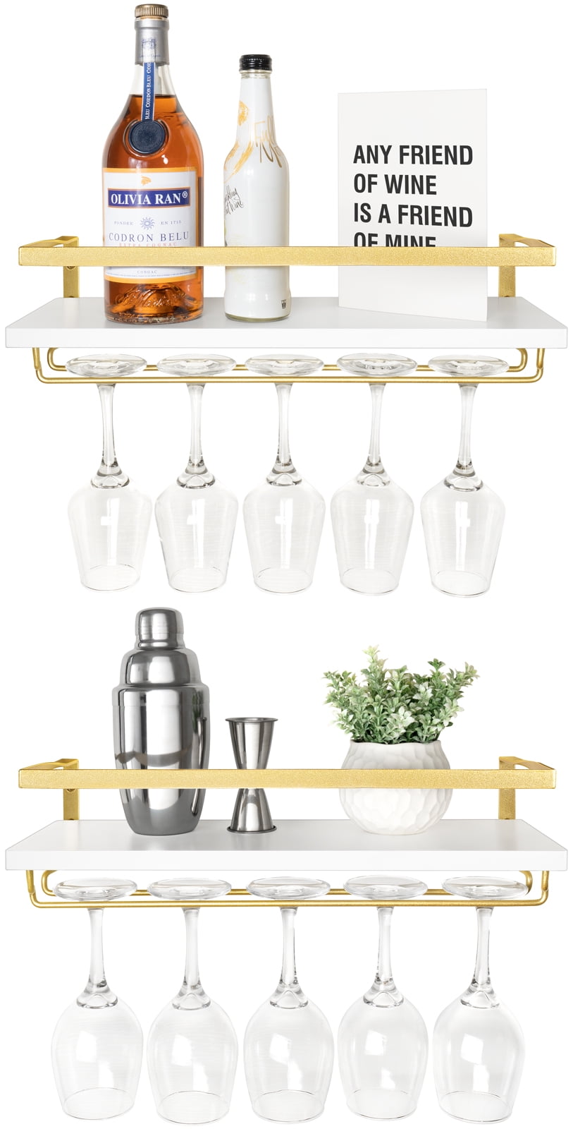 Mkono Wall Wine Rack Set of 2 Wood Rustic Wine Bottle Glass Shelves