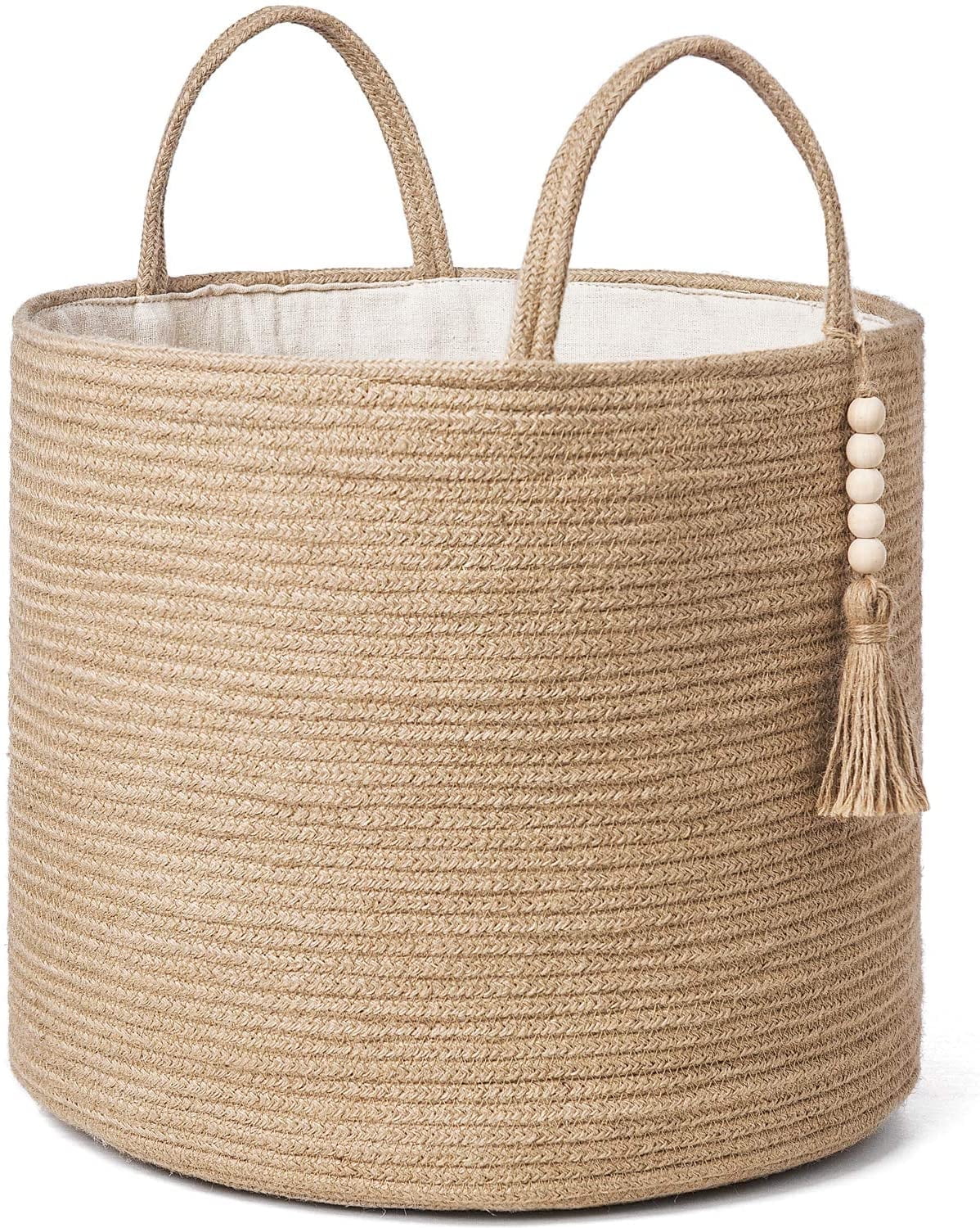 Natural Jute Round Storage Basket with Wooden Bead Decor