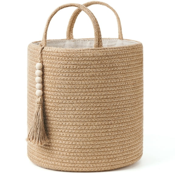 Mkono Woven Storage Basket with Decorative Bead Organizer Bin with Handles for Blankets Toys Clothes 11"W x 11"L, Brown