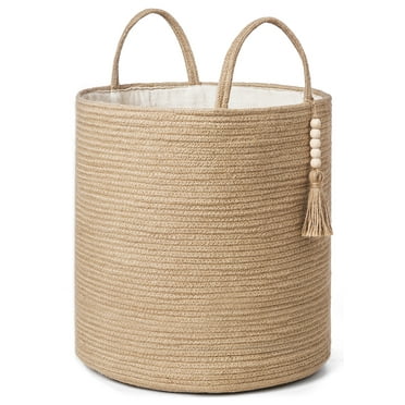 Mkono Woven Storage Basket with Decorative Bead Organizer Bin with Handles for Blankets Toys Clothes 15"W x 17.7"L, Brown