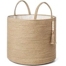 Mkono Woven Storage Basket Decorative Rope Basket Wooden Bead Decoration for Blankets,Toys,Clothes,S