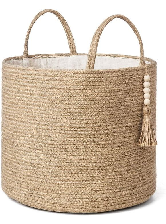 Mkono Woven Storage Basket Decorative Rope Basket Wooden Bead Decoration for Blankets,Toys,Clothes,S