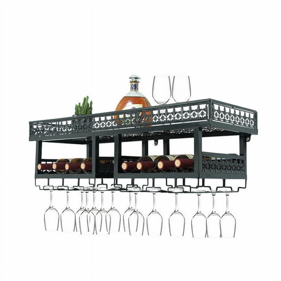 Mkyiongou 2 Tier Wall Mount Metal Wine Rack Storage Shelf Glass Hanging Holder For Home