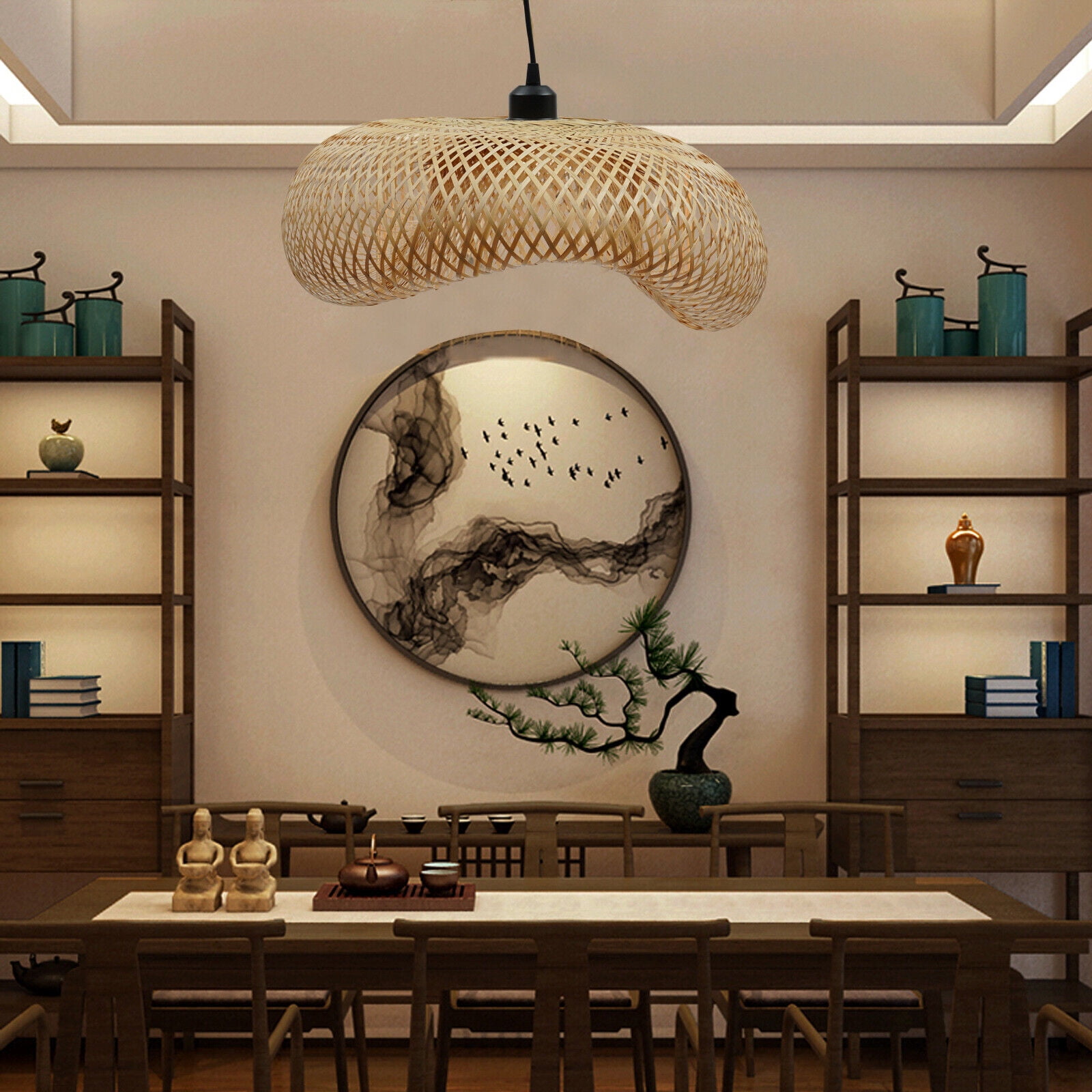 Mkyiongou Hand-Woven Plug-in Pendant Light Rattan Hanging Lamp Bamboo Lampshade Rattan Hanging Chandelier Fixture with Plug-in Cord