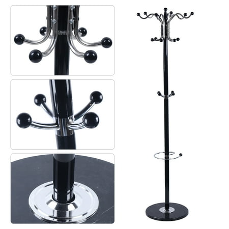 Mkyiongou Metal Free Standing Coat Rack with 4 Levels and 16 Hooks, Coat Rack Stand for Clothes/Bags/Hats, Coat Rack for Home, Office, Entryway, Hallway, 15*67in, Black