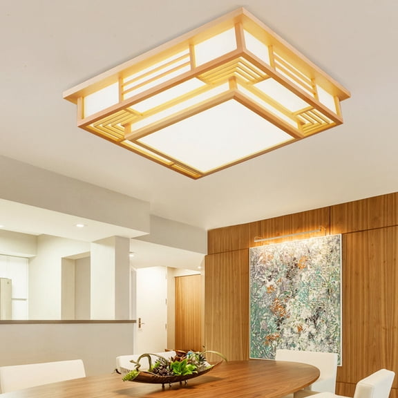 Mkyiongou Modern LED Ceiling Light Wood Square Flush Mount Light Chandelier With Remote