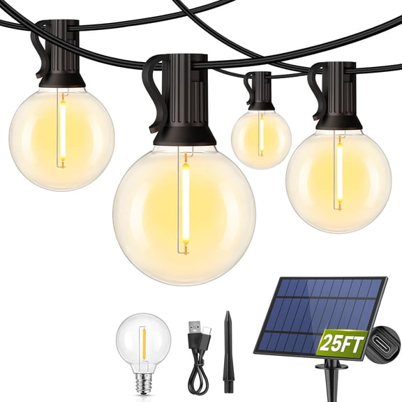 Mlambert 25FT Solar Powered String Lights Outdoor, Waterproof Patio Light with 10+1 Shatterproof LED G40 Bulbs for Backyard Garden-Black