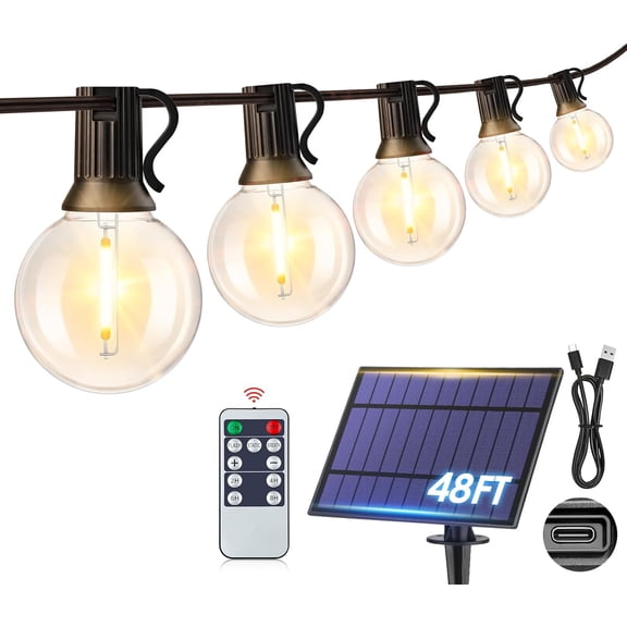 Mlambert 48FT Solar Powered String Lights, Outdoor Waterproof Patio Light with 15+1 Shatterproof LED G40 Bulbs, for Backyard Balcony-Black