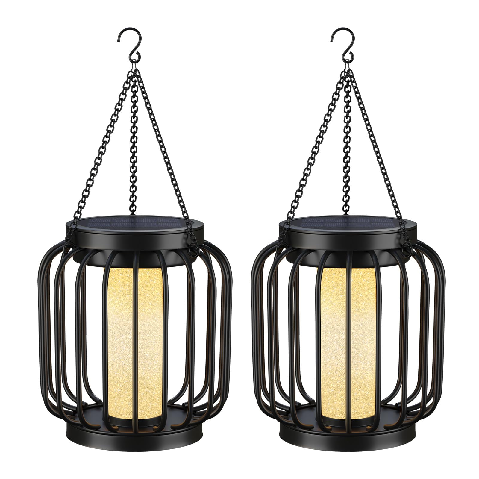 Black Metal LED Hanging Solar Lanterns, 2 Pack