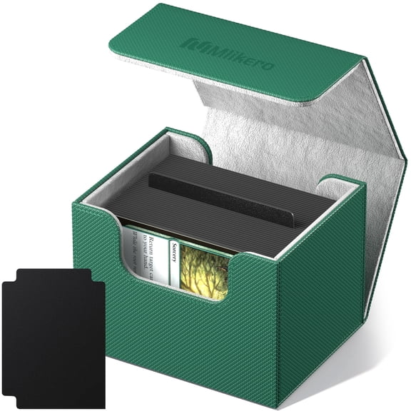 Mlikero Card Deck Box, Commander Deck Box Holds 100+ Double-Sleeved Cards with 2 Dividers, Leather Magnetic Closure Card Box Fit for MTG, TCG (Green)