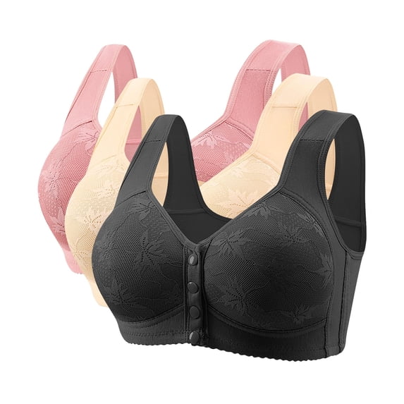 Mlkoz 3 Pack Bras for Women Front Closure Wireless Solid Color Push Up Bras Everyday Comfortable Plus Size Sleep Bra for Seniors