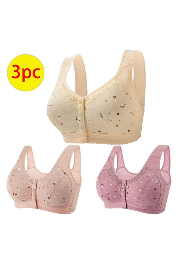 3 Pack Bras for Women No Underwire Floral Front Closure Push Up Bra Breathable Bra Middle-aged And Elderly
