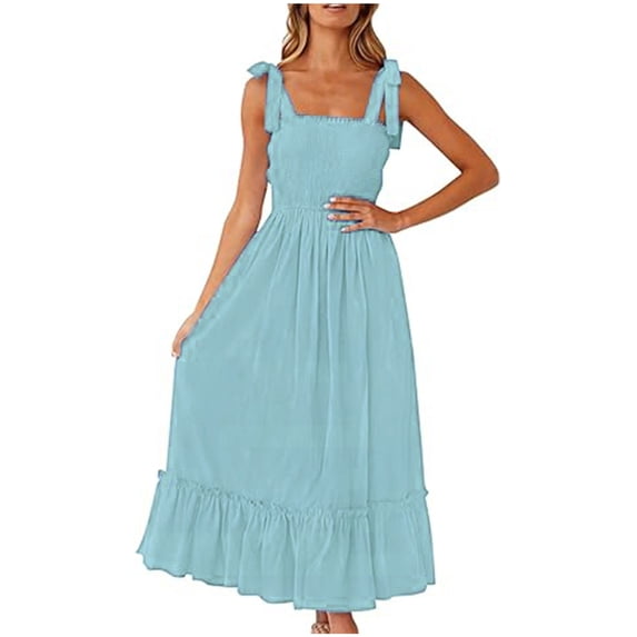 Mlkoz Dresses for Women V Neck Summer Elastic Waist Maxi Dress Casual Sleeveless Spaghetti Strap Ruffle Beach Long Dresses