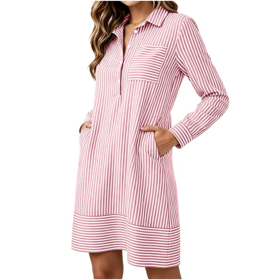 Mlkoz Fall Dresses for Women Casual Striped Collared Shirt Dress Long Sleeve With Pockets Fitted Waist Daily Wear