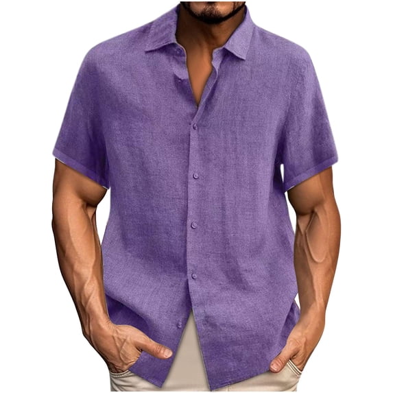 Mlkoz Linen Shirts for Men Short Sleeve Collared Casual Beach Summer Tops Solid Color Vacation Shirts with Pocket Button Up Shirt