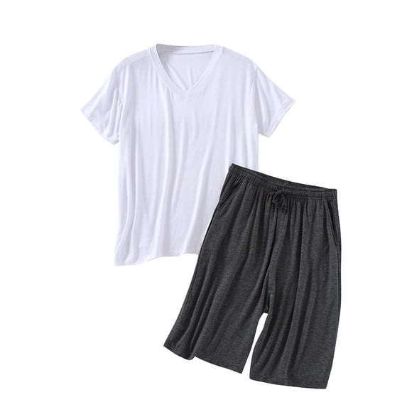 Mlkoz Mens Pajamas Set Summer Soft V Neck Sleep Nightwear Short Sleeve Pajamas with Pocket Lightweight Sets L-XXXXL