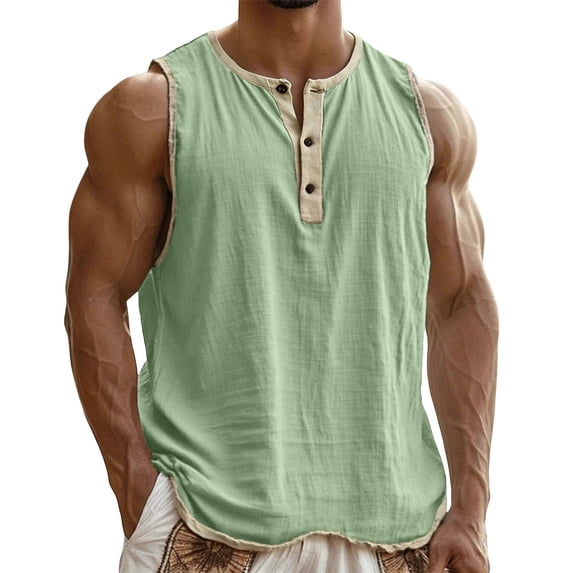Mlkoz Mens Tank Tops Button Sleeveless Sports Shirts Summer Tops Breathable Casual Solid Beach Tops Sizes S-3XL