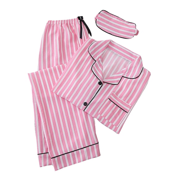 Mlkoz Pajamas for Women Set 3PCS Button Long Sleeve Shirt with Long Pant Satin Pajamas Sets Striped Soft Comfortable Sleepwear