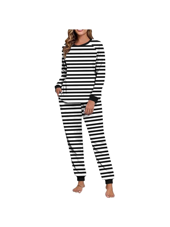 Pajamas for Women Set Striped Winter Double-sided Fuzz Round Neck Pullover Long Sleeves Top Pants Home Wear