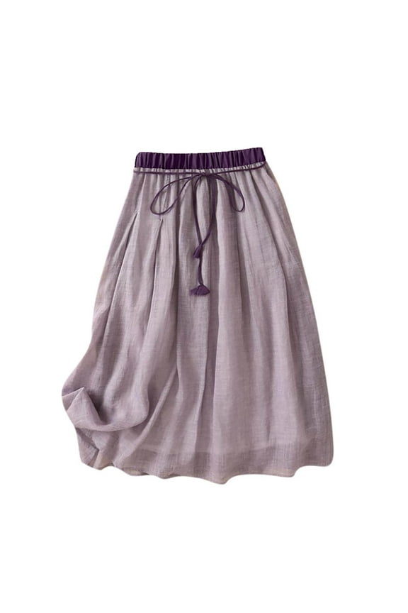 Skirts for Women Linen Skirts Summer Casual Loose Solid High Waisted A Line Drawstring Midi Skirt