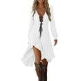 thumbnail image 1 of Mlkoz Summer Dresses for Women Maxi Drawstring Hollow V Neck Wedding Guest Dresses Lace Long Sleeve Irregular Hem Formal Party Dress S-2XL, 1 of 7