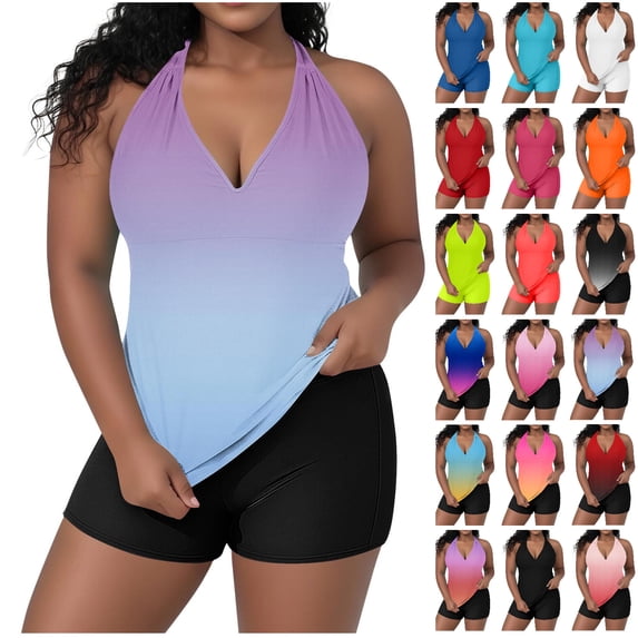 Mlkoz Summer Womens Tankini Bathing Suits Plus Size Solid Color Sets Adjustable Top Casual Two Piece Swimsuit