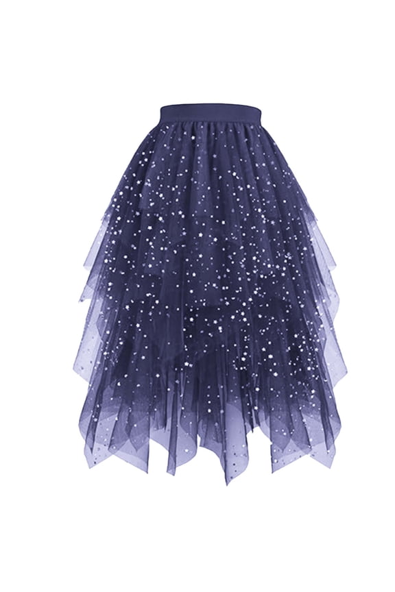 Tulle Skirts for Women Irregular Half Midi Long Skirt A-Line Mesh Layered High Elastic Waist Party Skirts Sequin Thin Mesh Skirt